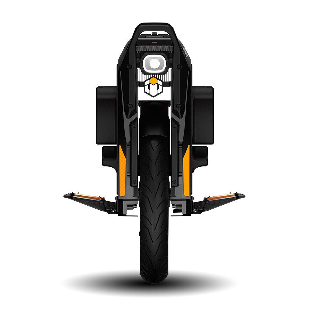 Inmotion P6 electric unicycle in black, front view showing the headlight, 14 inch tyre and pedals