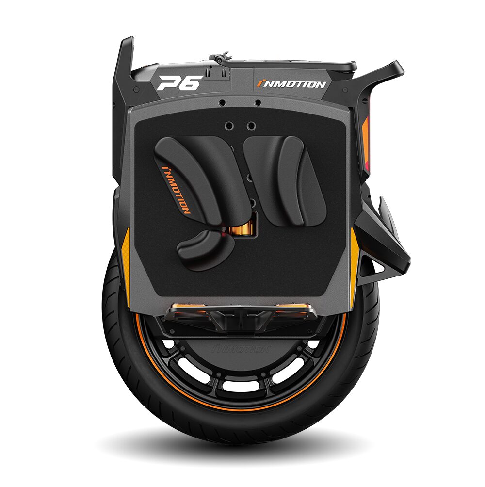 Inmotion P6 electric unicycle in black, rear view showing the power pads, trolley handle and P6 branding