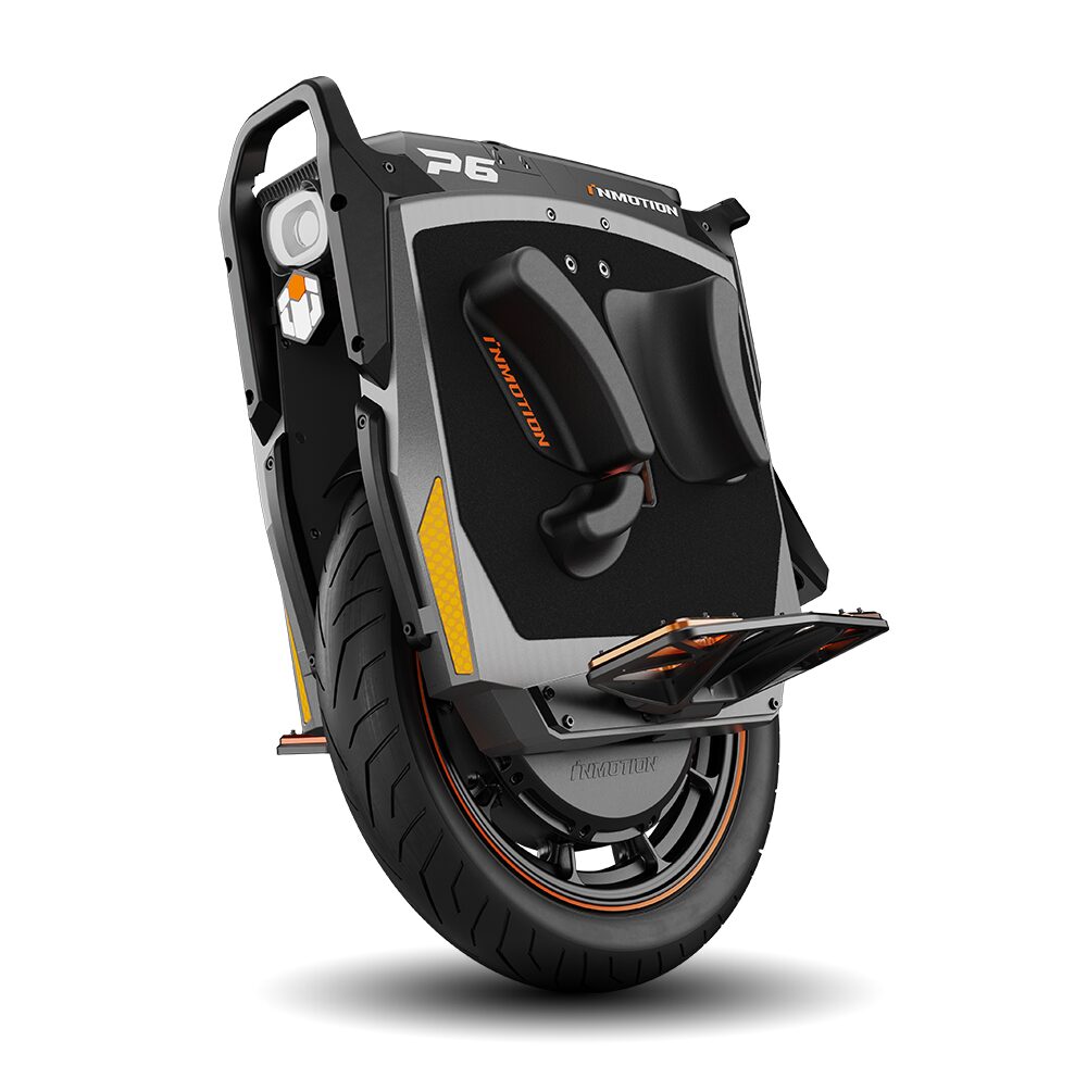 Inmotion P6 electric unicycle in black, three-quarter view showing the suspension, pedals and trolley handle