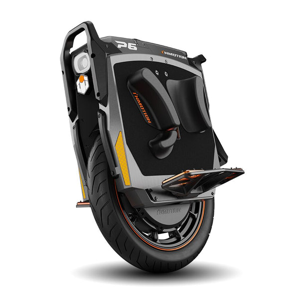 Inmotion P6 electric unicycle in black, three-quarter view showing the suspension, pedals and trolley handle