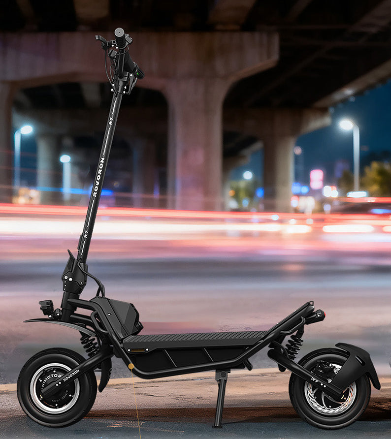 Rovoron R7 electric scooter at night, side profile