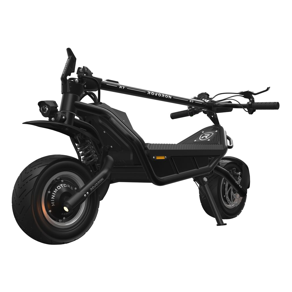 Rovoron R7 electric scooter, studio front three-quarter view
